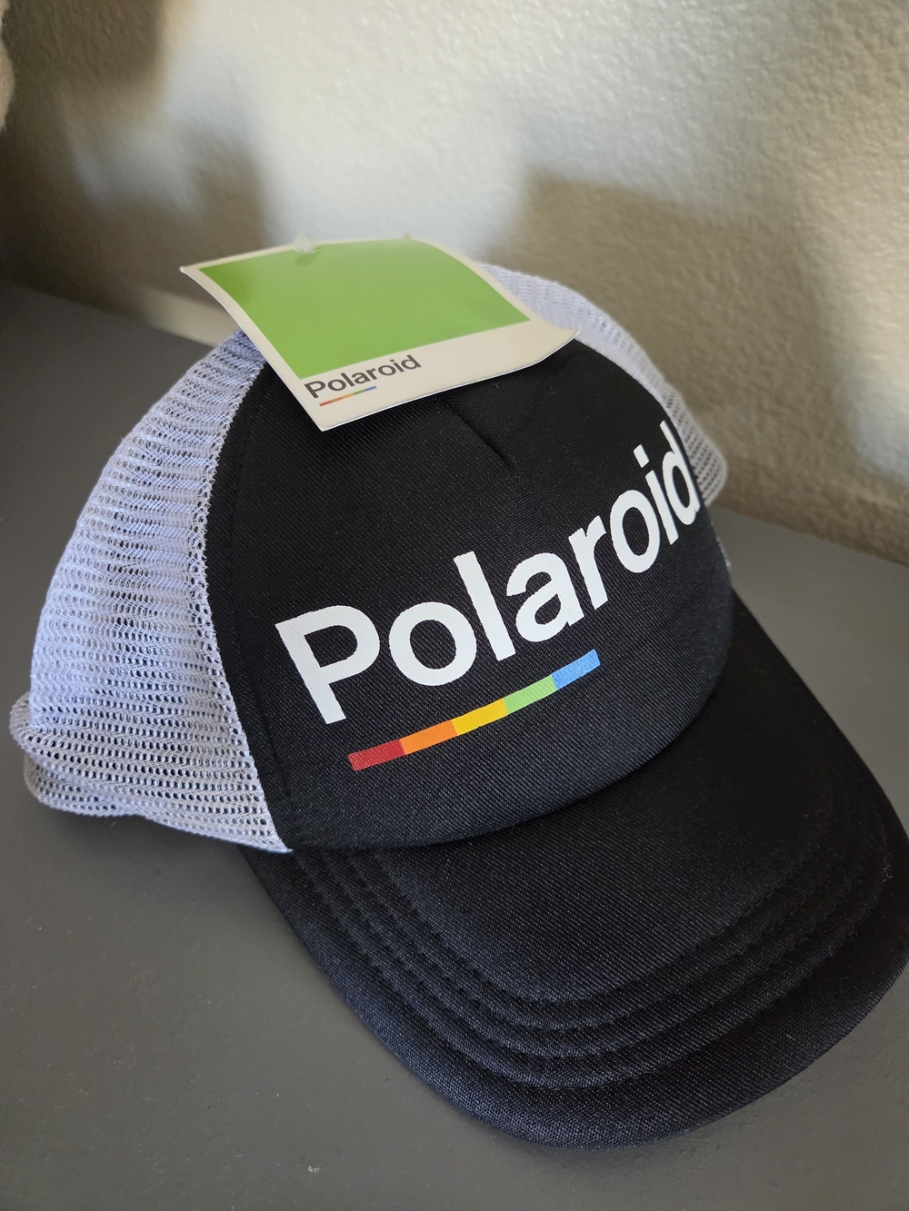 NWT Polaroid Black & White Trucker Hat with Rainbow Stripe